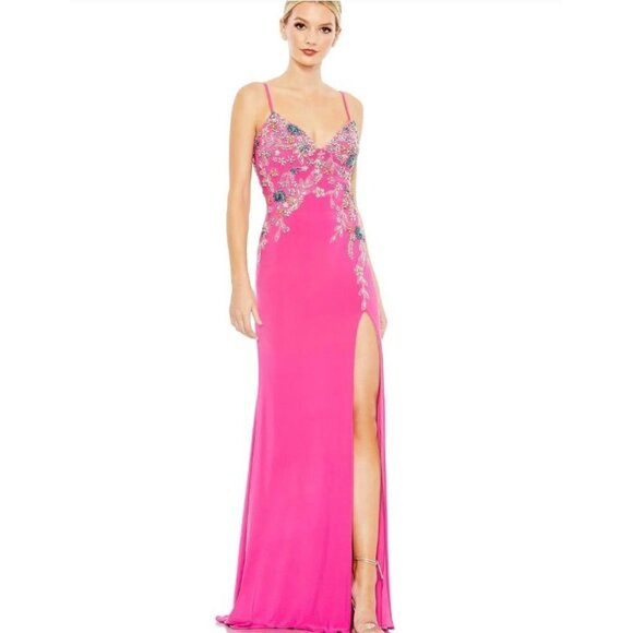 Mac Duggal 42006 Pink Jersey Maxi Gown Floral Crystal Embellished Stretch Size 8 - Picture 1 of 11
